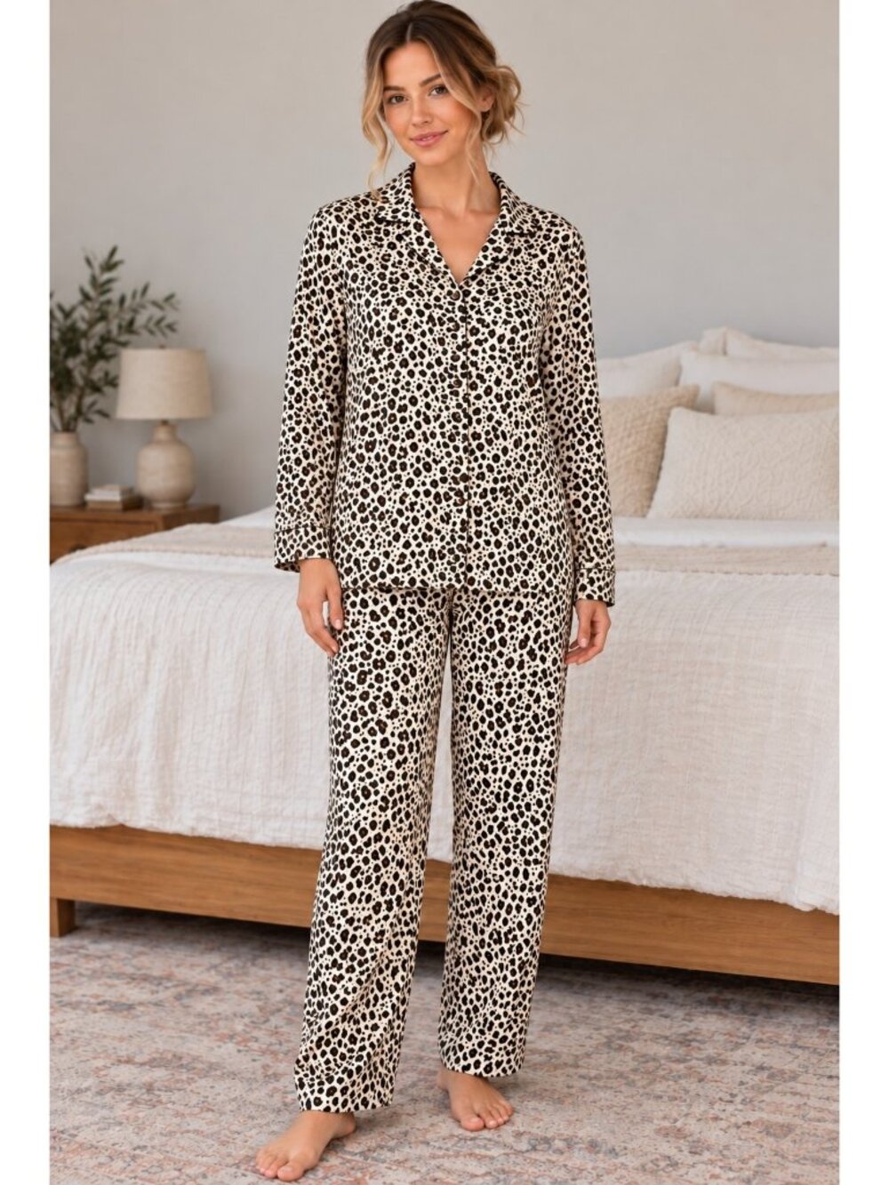 WinterSilks 100% Silk Leopard Print Pajama Set Women's M Long Sleeve 2 Piece